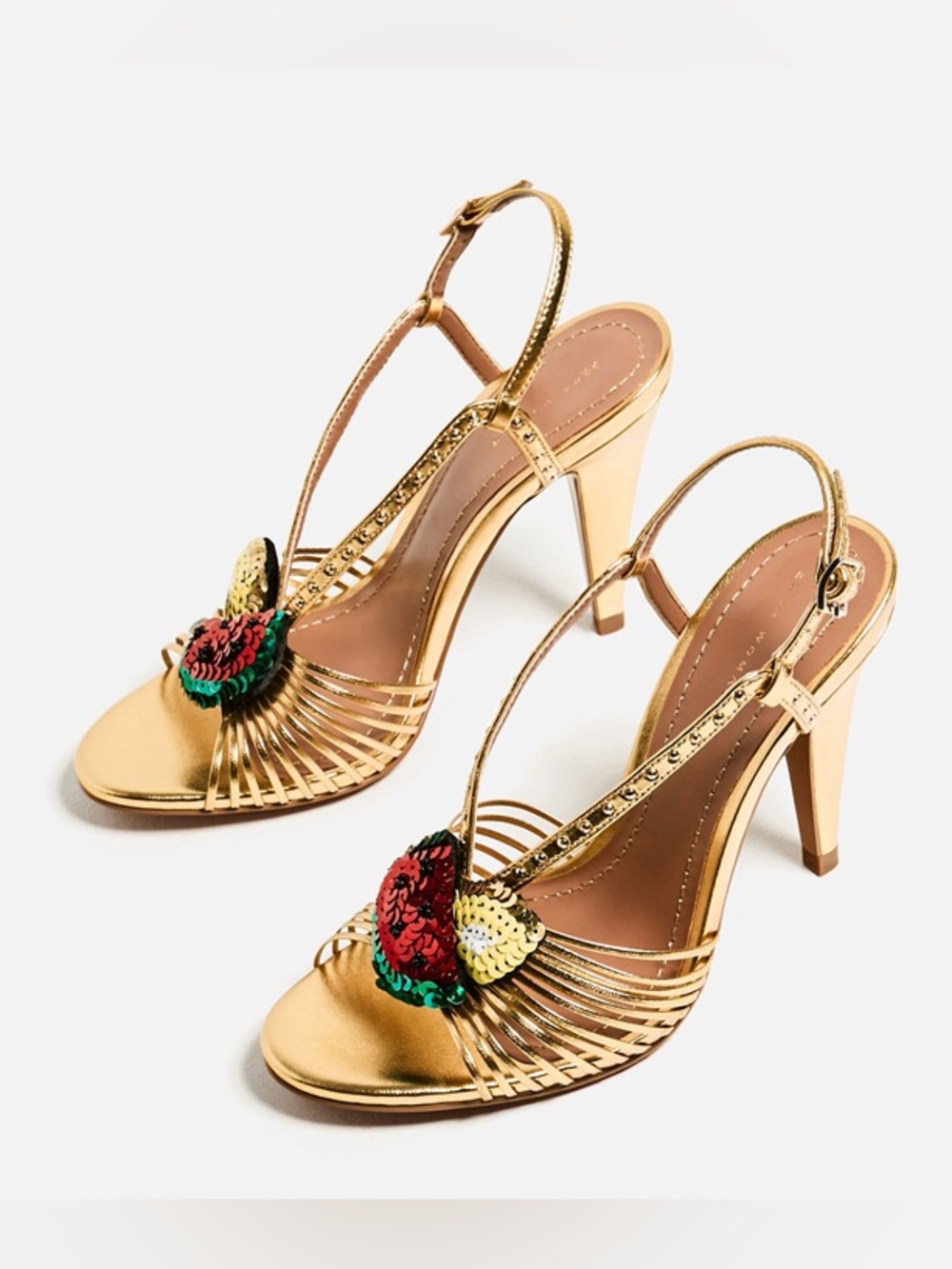 Zara Gold Laminated Sandal Heels With Fruit Sequin Detail Size 38